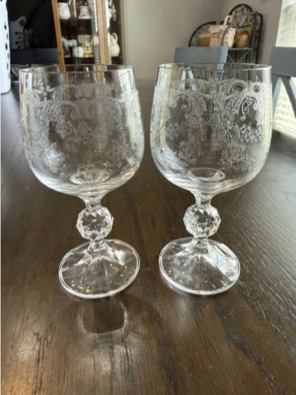 Vintage Bohemia Crystal Queen's Lace Wine Goblets Clear Etched Glass Set Of 2